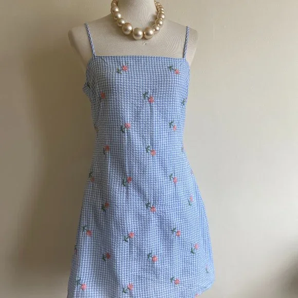 Lulus Dresses Lulus Women Floral Blue And White Plaid Mini